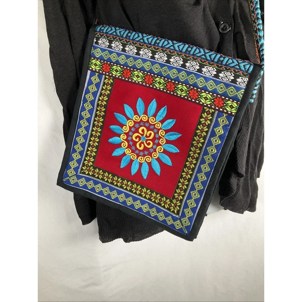 Embroidered Women's Floral Neon Boho Hippie Crossbody Bag Asian Geometric Design